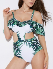 Sexy Green Leaf Pattern Decorated Suspender Swimwear