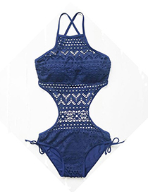 Sexy Sapphire Blue Hollow Out Design Pure Color One-piece Swimwear