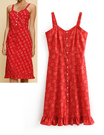 Vintage Red Flower Pattern Decorated Dress