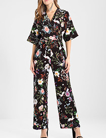 Fashion Black Flower Pattern Decorated Jumpsuit