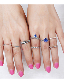 Vintage Silver Color+sapphire Blue Heart Shape Decorated Ring (8 Pcs )