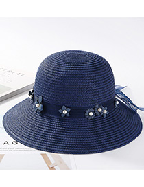 Fashion Navy Flowers Decorated Pure Color Sunscreen Hat