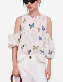 Fashion White Butterfly Pattern Decorated Blouse