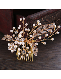 Elegant Gold Color Leaf&pearls Decorated Hair Comb