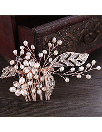 Elegant Rose Gold Leaf&pearls Decorated Hair Comb