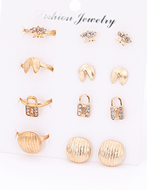 Fashion Gold Color Lock Shape Decorated Earrings&Rings (12 Pcs )