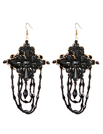Vintage Black Flower Shape Design Tassel Earrings