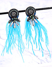 Vintage Blue+milky White Feather Decorated Long Tassel Earrings