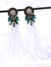 Vintage White+green Feather Decorated Long Tassel Earrings