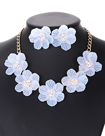 Elegant Light Blue Beads&flower Decorated Pure Color Jewelry Sets