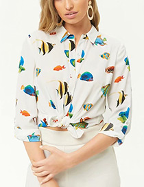 Fashion White Fish Pattern Decorated Shirt