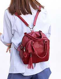 Elegant Claret Red Tassel Decorated Pure Color Backpack