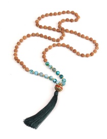 Trendy Dark Green Beads Decorated Long Tassel Necklace