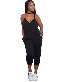 Sexy Black Pure Color Design Suspender Jumpsuit