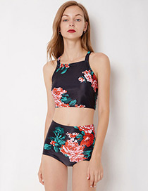 Sexy Black Flowers Decorated High-waist Swimwear