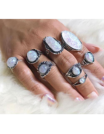 Fashion Silver Color Oval Shape Gemstone Decorated Ring(8pcs)