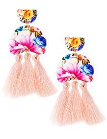 Fashion Light Pink Flower Pattern Design Tassel Earrings