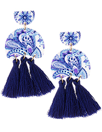Fashion Navy Flower Pattern Design Tassel Earrings