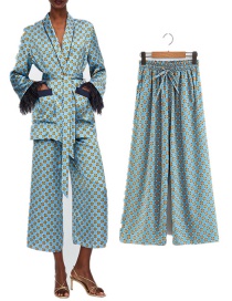 Fashion Blue Flowers Pattern Decorated Wide-legs Pants