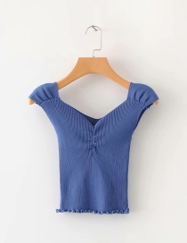 Fashion Blue Pure Color Design V Neckline Knitted Shirt