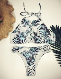 Sexy White Leaf Pattern Decorated Split Bikini