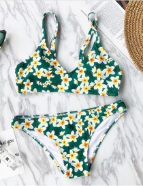 Sexy Green Flower Pattern Decorated Suspender Swimwear(2pcs)