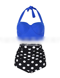 Sexy Blue+black Off-the-shoulder Design Dots Pattern Swimwear(2pcs)