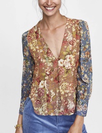 Fashion Multi-color Flower Pattern Decorated V Neckline Shirt