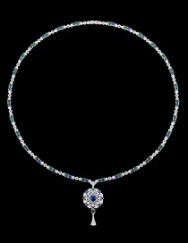 Fashion Green+blue Flower Shape Decorated Full Diamond Necklace