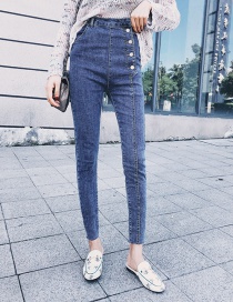 Fashion Blue Button Decorated Pure Color Trousers