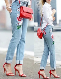 Fashion Blue Embroidered Flowers Decorated Jeans