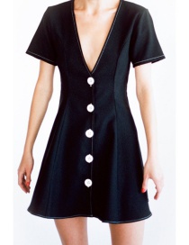 Fashion Black V Neckline Design Pure Color Mini Dress