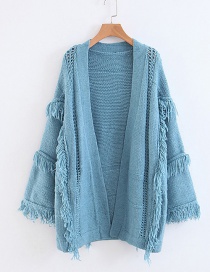 Fashion Blue Tassel Decorated Pure Color Sweater