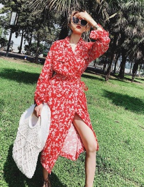 Fashion Red+white Flowers Decorated Long Sleeves Dress