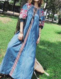 Fashion Blue Embroidered Flower Decorated Long Dress
