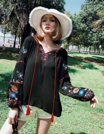 Fashion Black Tassel Decorated Tying-strap Embroidered Blouse