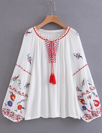 Fashion White Tassel Decorated Tying-strap Embroidered Blouse