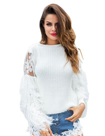 Fashion White Embroidered Flowers Design Tassel Sweater
