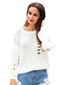Fashion White Hollow Out Design Pure Color Sweater