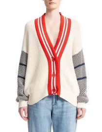 Fashion Beige V Neckline Design Long Sleeves Sweater
