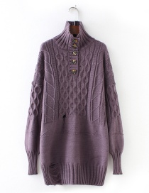 Fashion Purple High Neckline Design Pure Color Sweater