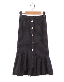 Elegant Dark Gray Buttons Decorated Pure Color Knitted Skirt