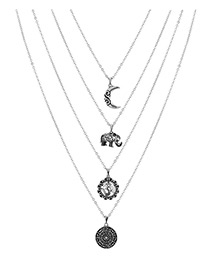 Elegant Antique Silver Moon&elephant Pendant Decorated Necklace