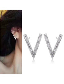 Fashion Silver Color Full Diamond Design V Shape Earrings