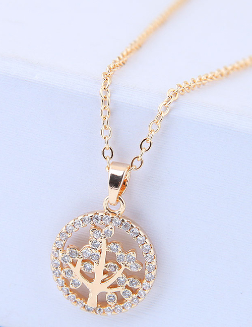 Elegant Gold Color Tree Pendant Decorated Long Necklace
