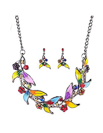 Fashion Color Metal Leaf And Diamond Necklace Earrings Set