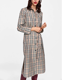 Fashion Khaki Grids Pattern Decorated Long Sleeves Dress