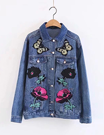 Fashion Blue Embroidery Flower Pattern Decorated Coat