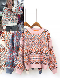 Fashion Pink Geometric Pattern Decorated Sweater