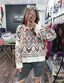 Fashion White Geometric Pattern Decorated Sweater